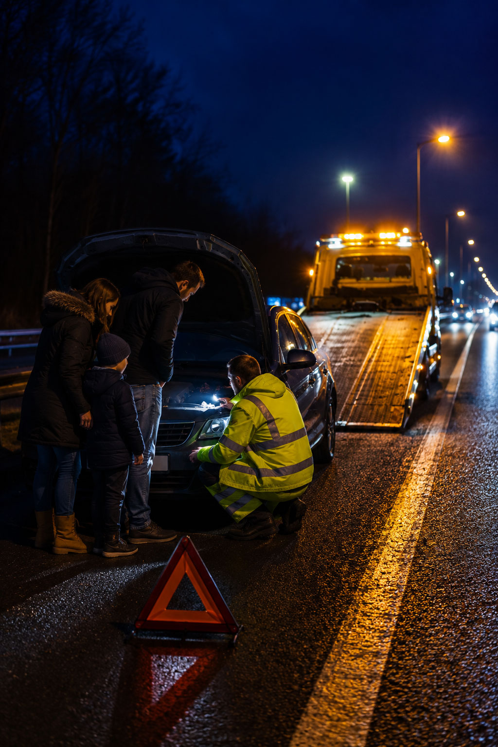 Abschleppwagen führt sicheren Werkstatttransport nach technischem Defekt durch